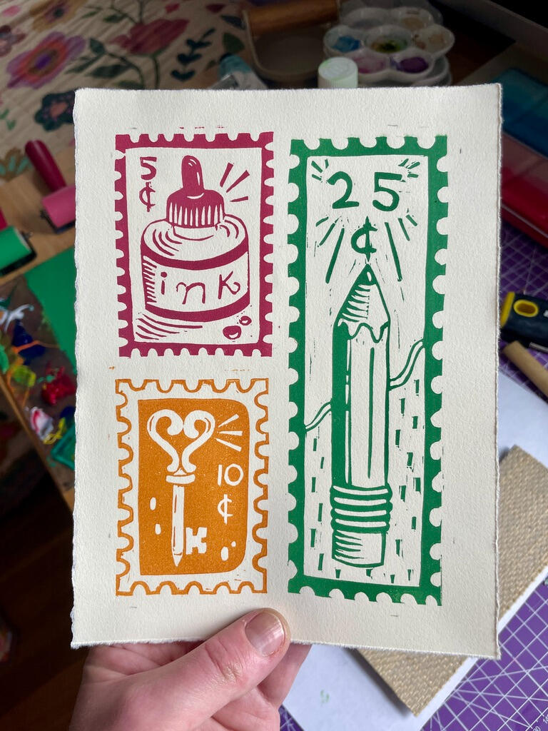 Linocut print on paper: 3 stamp designs, a 5 cent stamp with an ink bottle, a 10 cent stamp with a key, and a 25 cent stamp with a pencil.