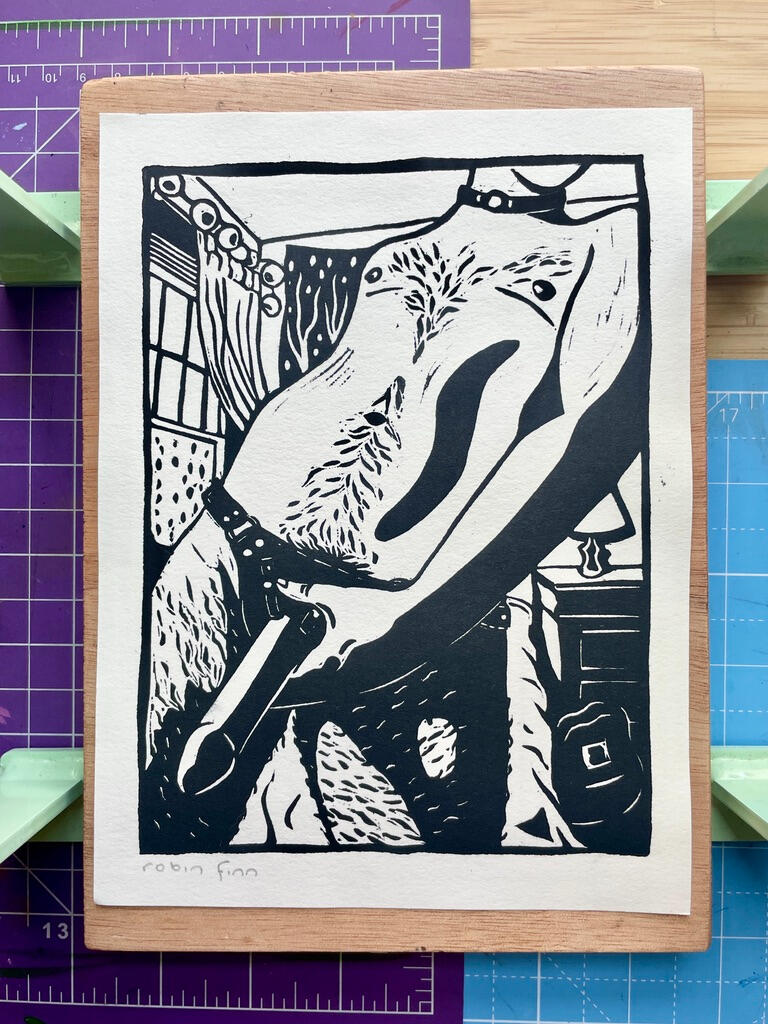 Block print of a hairy transmasculine person wearing a strap on and holding the dildo suggestively.