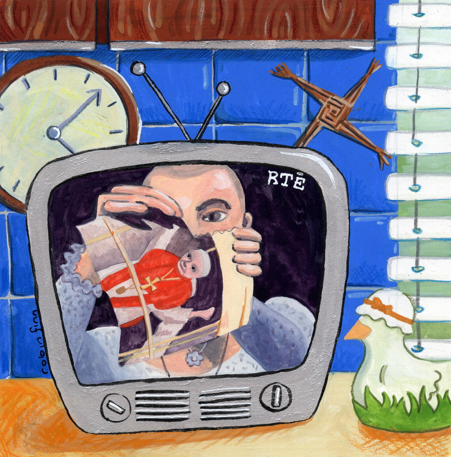 Gouache painting of the same kitchen at 4:10pm. The TV shows Sinéad O'Connor ripping up a picture of Pope John Paul.