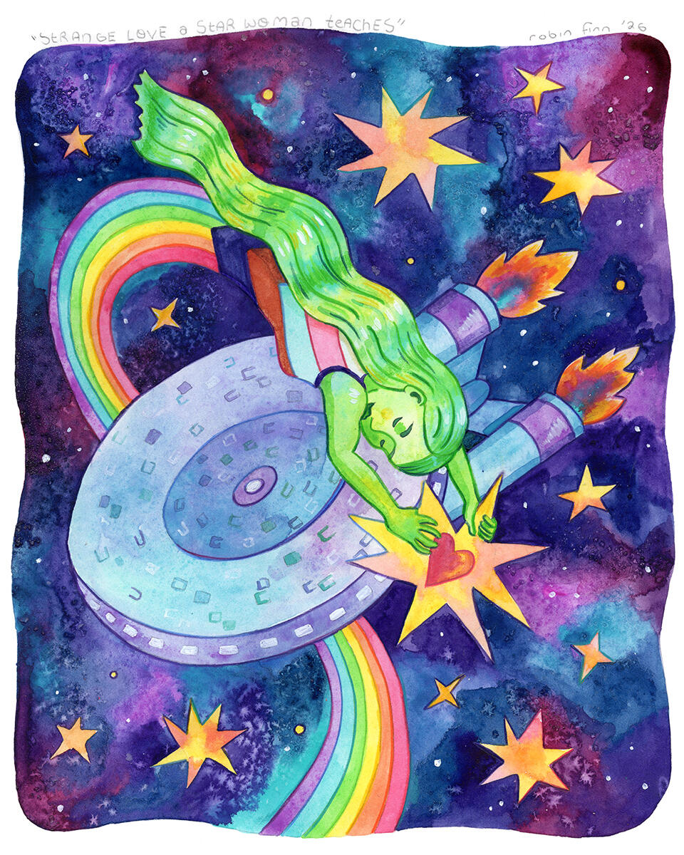 Watercolor painting of an anthropomorphic comet woman with the progress pride flag for a tail swooping around a starship similar to the USS Enterprise in a beautiful nebula.