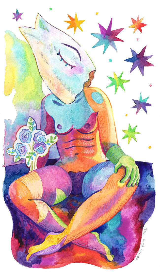 Transformations | buy prints Watercolor painting of a nude person with a fish head sitting cross legged under a starry sky, holding a bouquet of flowers. Everything is in vivid, rainbow hues.