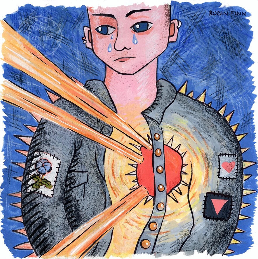 Mixed media painting of a light skinned person in a spiked denim jacket with queer punk patches, crying. Their heart is shining and full of spikes, reminiscent of the Sacred Heart.