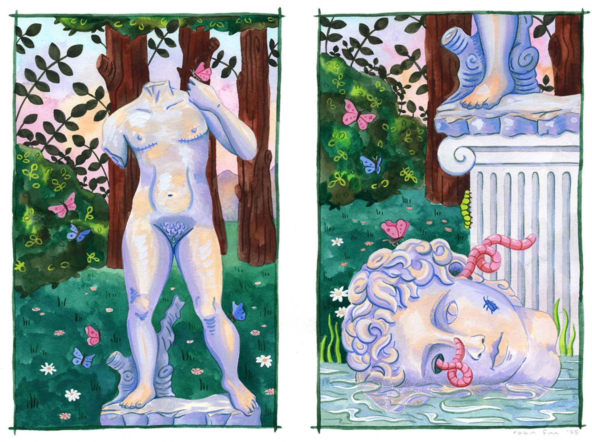Two gouache paintings. On the left, a broken classical statue of a headless transmasc body surrounded by butterflies and greenery. On the right, a close up of their head, half sunk in a pond below the statue base, with worms coming out of their ear and eye