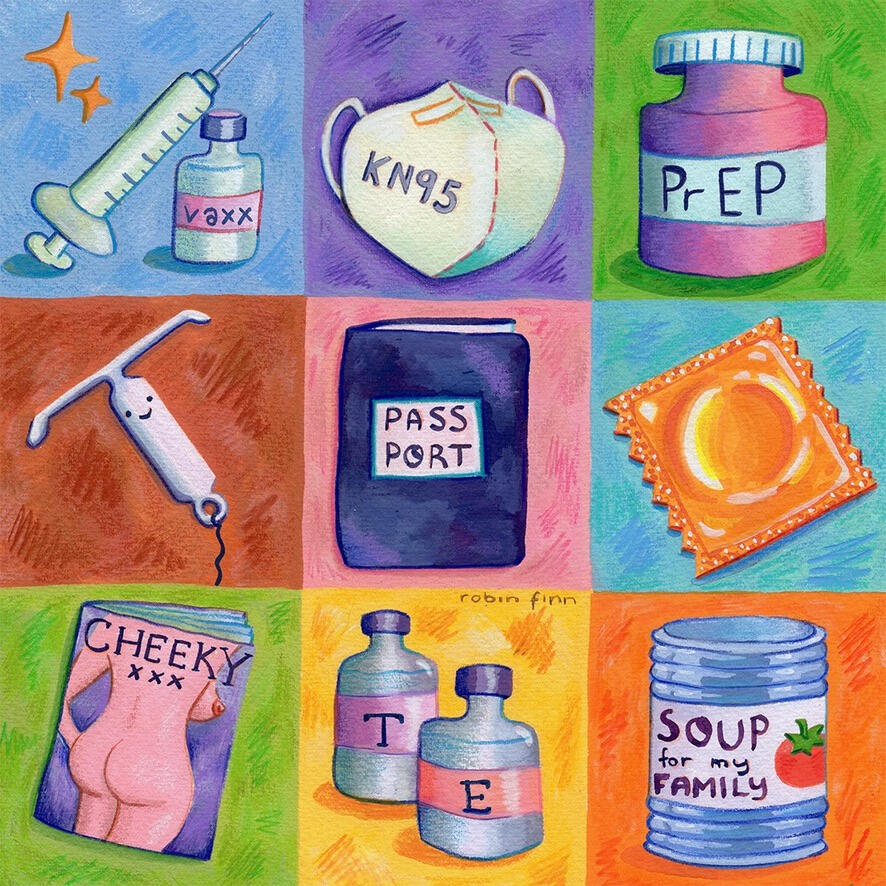 Things the US Government Doesn't Want You to Have | buy prints Stylized gouache painting showing a colorful grid of 9 banned or restricted objects: vaccine vial and syringe, a COVID mask, a bottle of PrEP, an IUD, a passport, a condom, a porn magazine, HRT vials, and a can of "soup for my family"