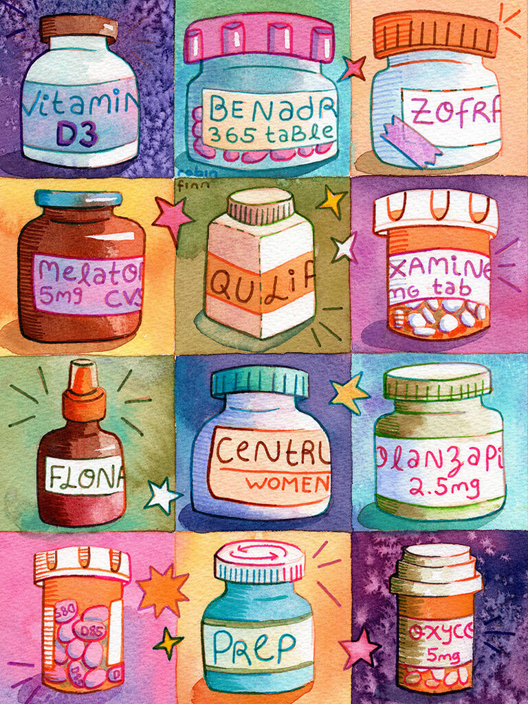 Pills | buy prints Watercolor painting showing a colorful grid of stylized pill & medication bottles. Left to right, starting at the top: Vitamin D3, Benadryl, Zofran, melatonin, Qulipta, fluvoxamine, Flonase, Centrum Women's multivitamin, olanzapine, Depakote, PrEP, oxycodo