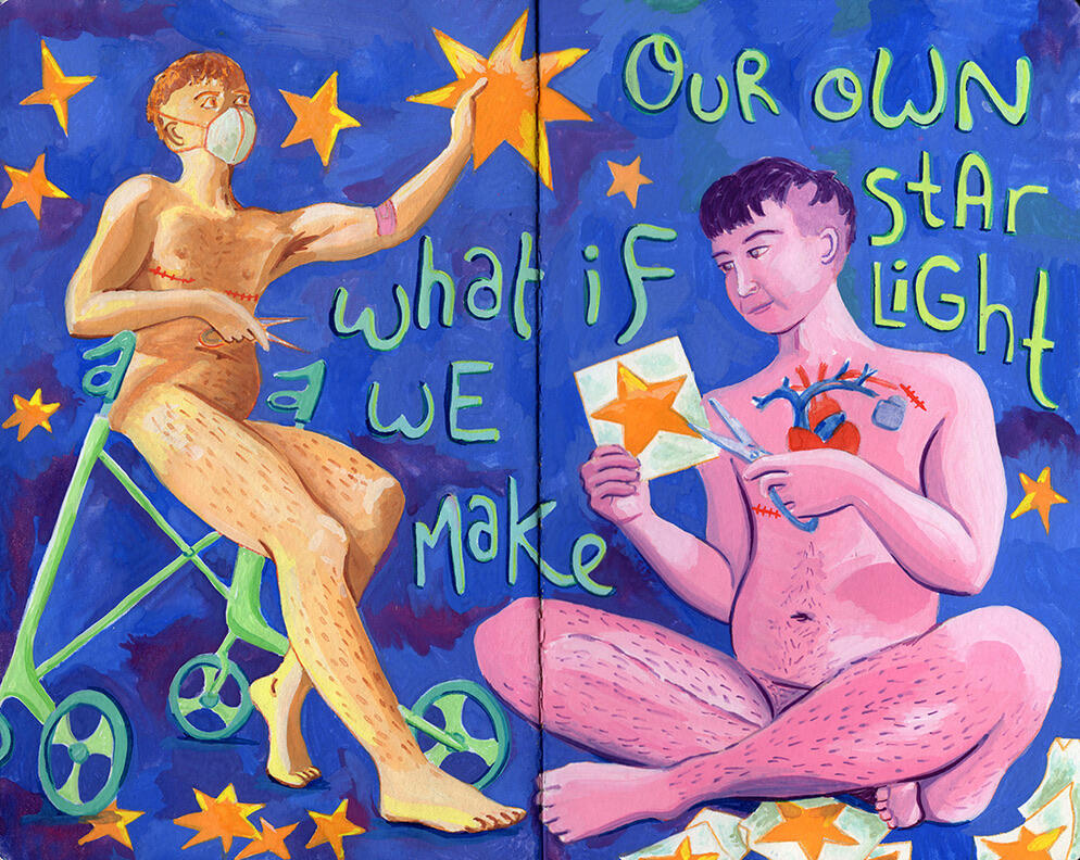 Painting of two nude transmasculine figures, both self portraits. One sits cross legged, cutting paper stars, and the other sits on a rollator placing the stars in the sky. Handlettering reads "What if we make our own star light"