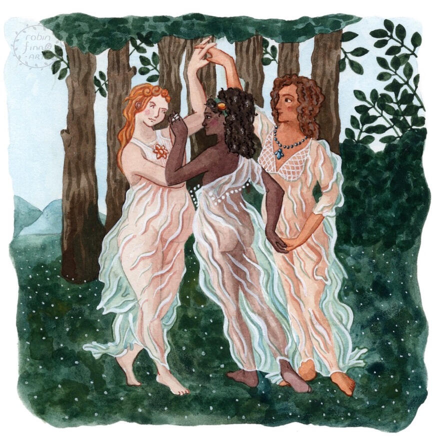 Gouache painting of the three graces dancing in a circle in the forest, after Botticelli's painting Primavera.