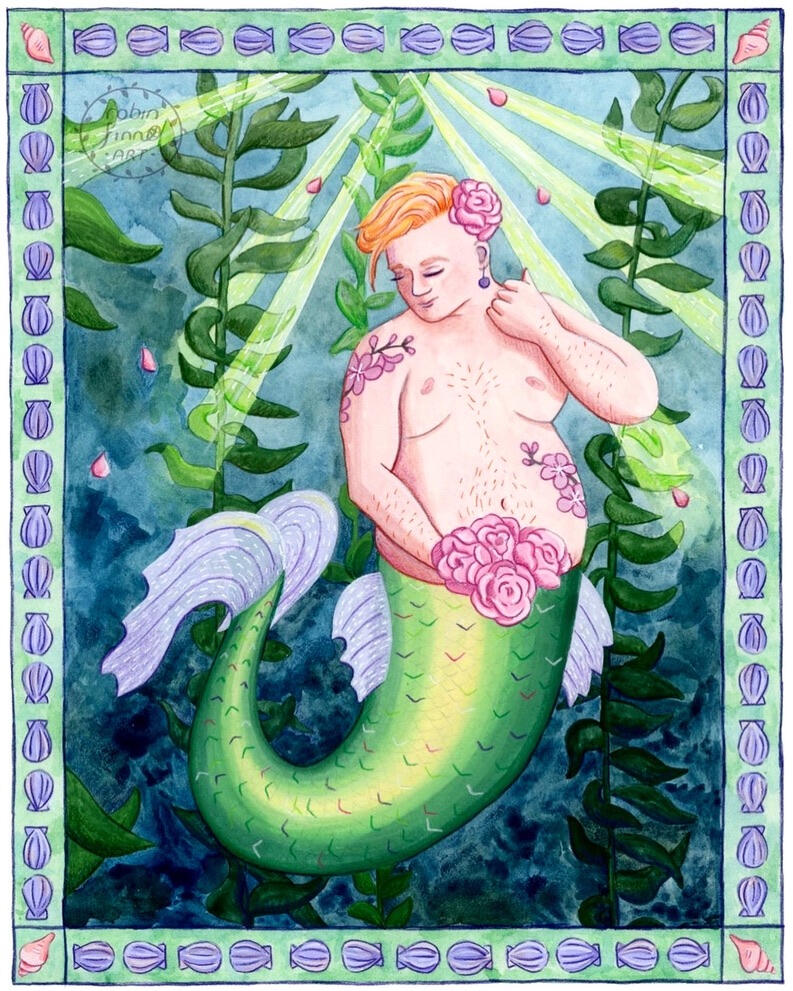 Gouache painting of a light-skinned, fat merman with cherry blossom tattoos and a bunch of peonies, posing in the sunlight in a kelp forest.
