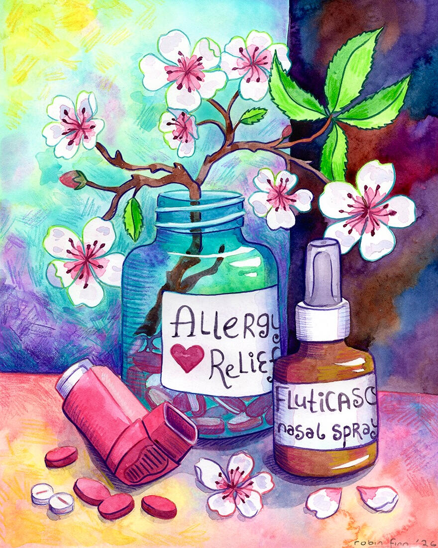 Watercolor still life of a cherry blossom branch in a bottle of allergy pills, surrounded by a nasal spray bottle and an inhaler