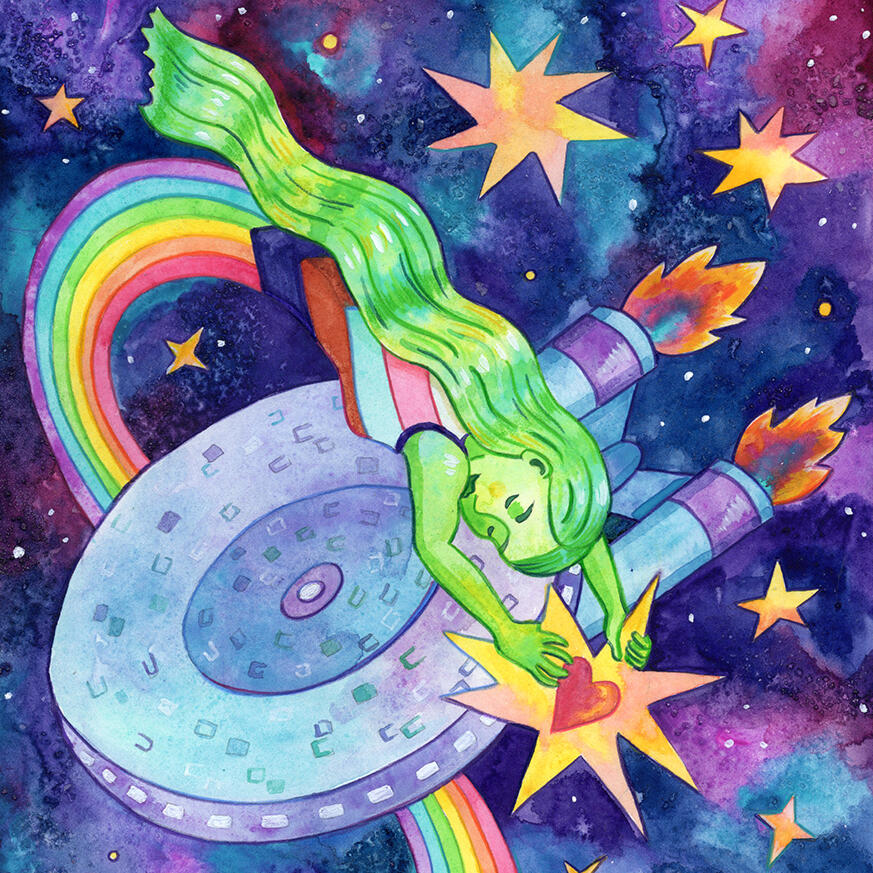 Rainbow comet woman swooping around a spaceship